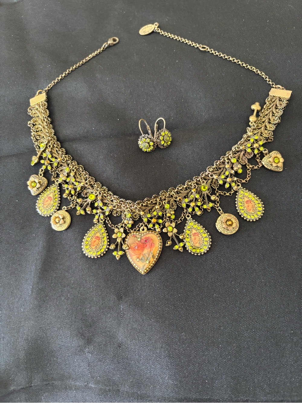 Boho Floral Heart Statement Necklace and Earrings - Lime Green